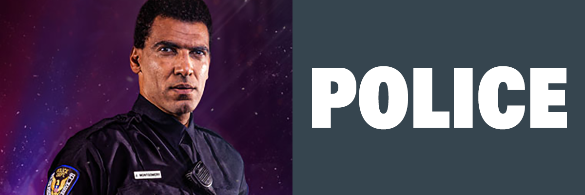 Police officer in uniform representing HAIX police boots category on a blue red background